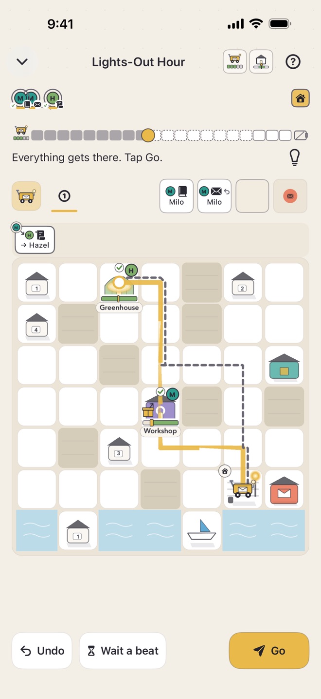 A route board: the whole route is drawn across the grid, and the bar under each door shows when the resident is home.